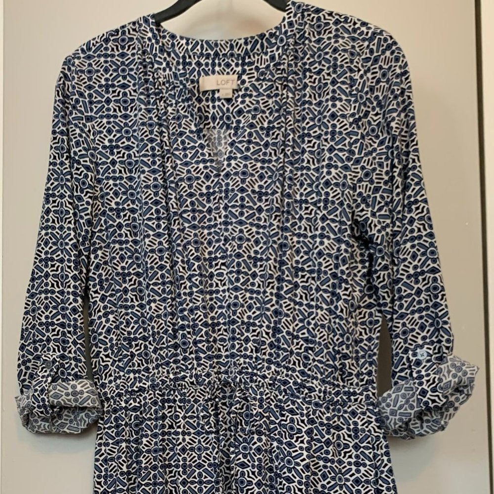 Loft dress. Blue, black, white print